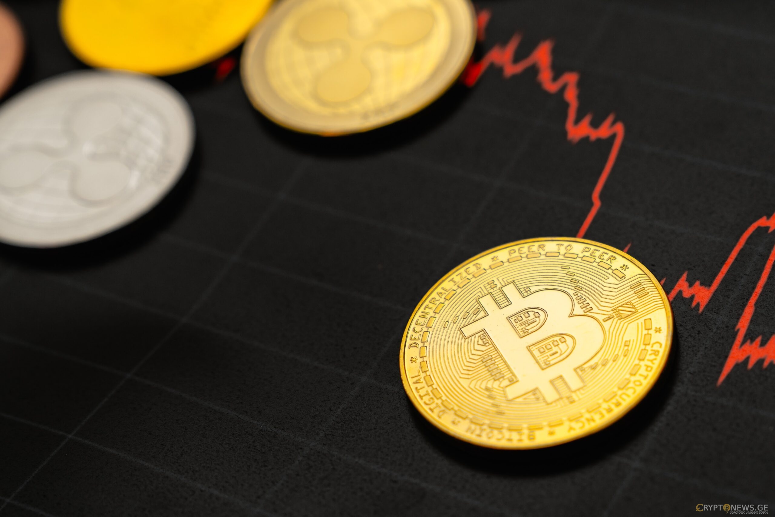 ოქროსფერი ბიტკოინის მონეტა წითელი, ცვალებადი ფასის გრაფიკის ფონზე, რაც კრიპტოვალუტის ბაზრის მერყეობას ასახავს